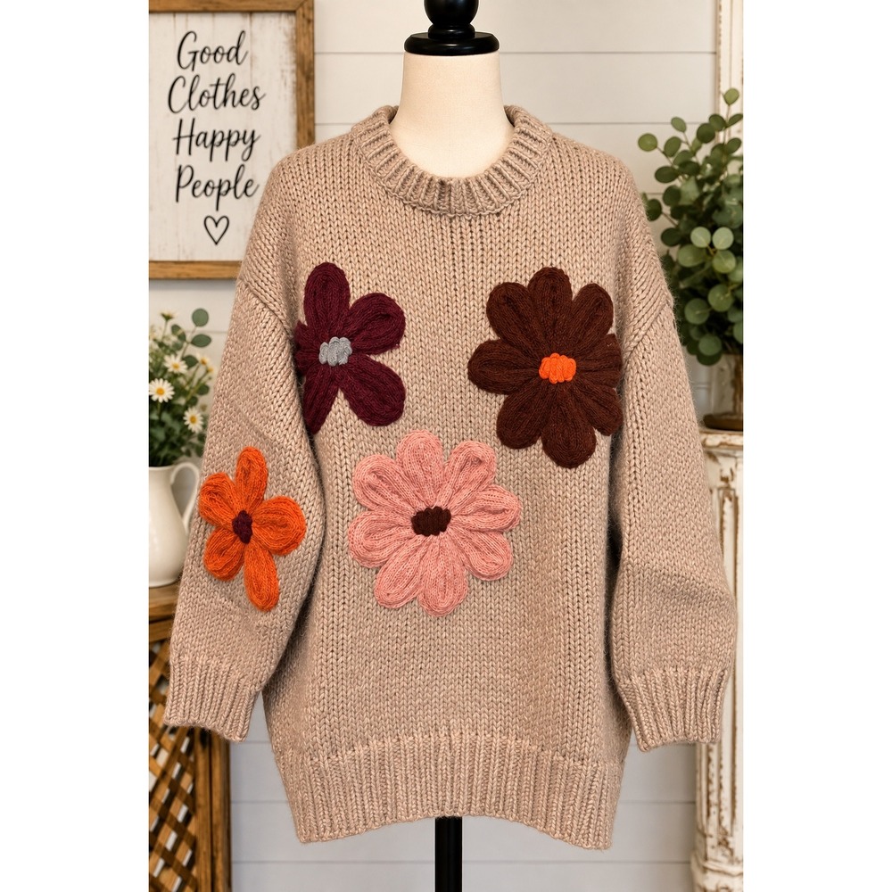 Katydid Tan Chunky Knit Floral Applique Sweater XL NWT Oversized Crewneck Top